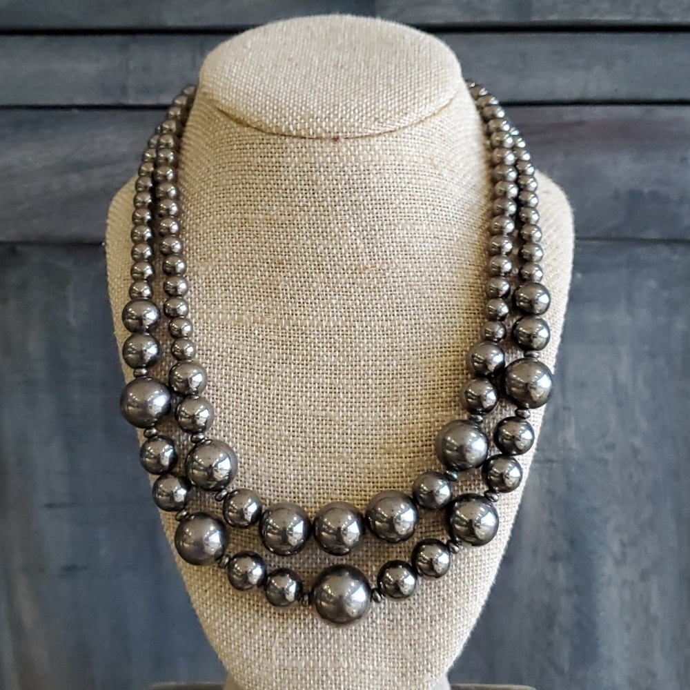 SILVER Tone BEADED 17 INCH NECKLACE 2 STRINGS EXTRA INCH DROP Graduated